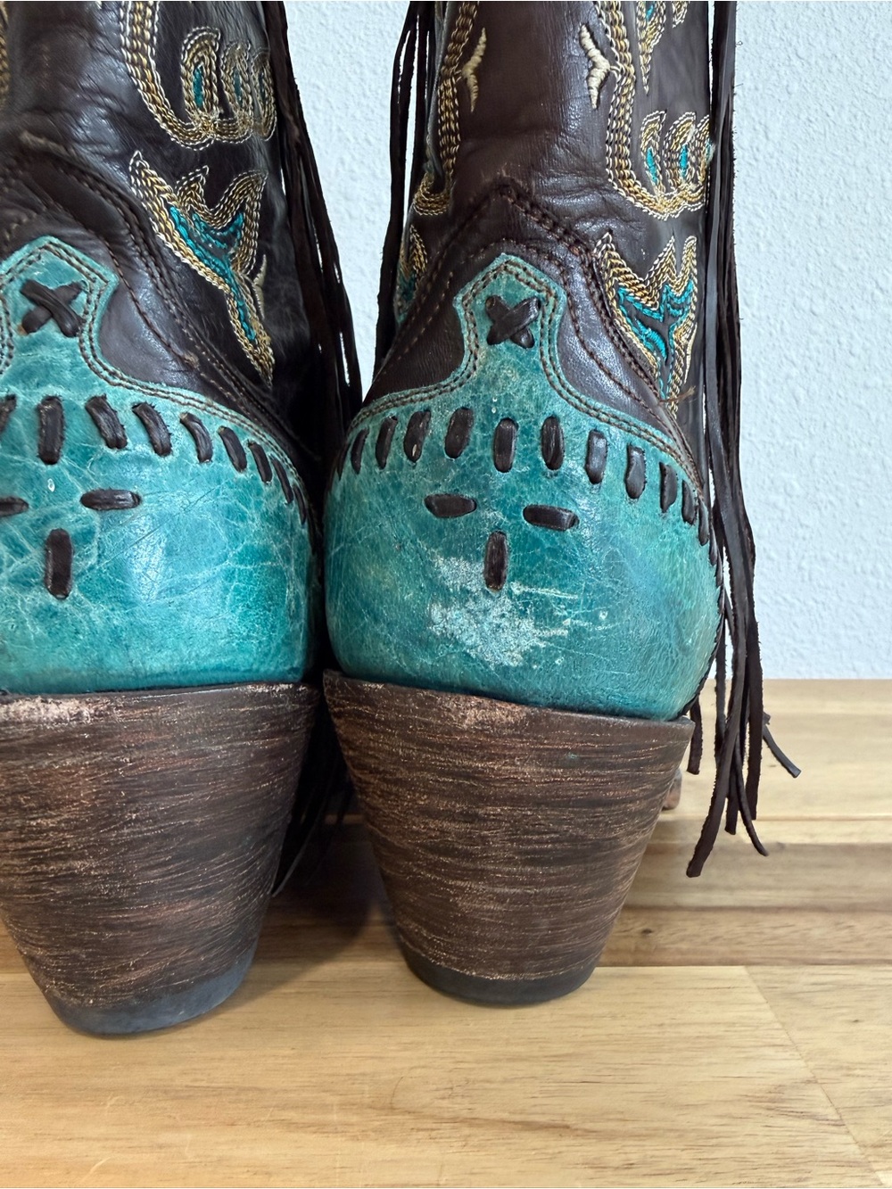 Lucchese Western Cowboy Boots Choc Brown Turquoise Crater Wingtip Fringe 6 B - Picture 6 of 14